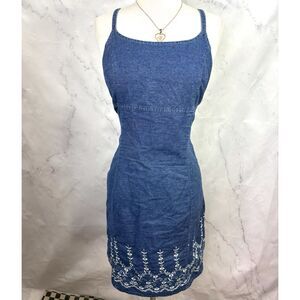 Vintage 90s FORENZA Blue Denim Dress Y2k Cotton Floral Embroidery M Cottagecore